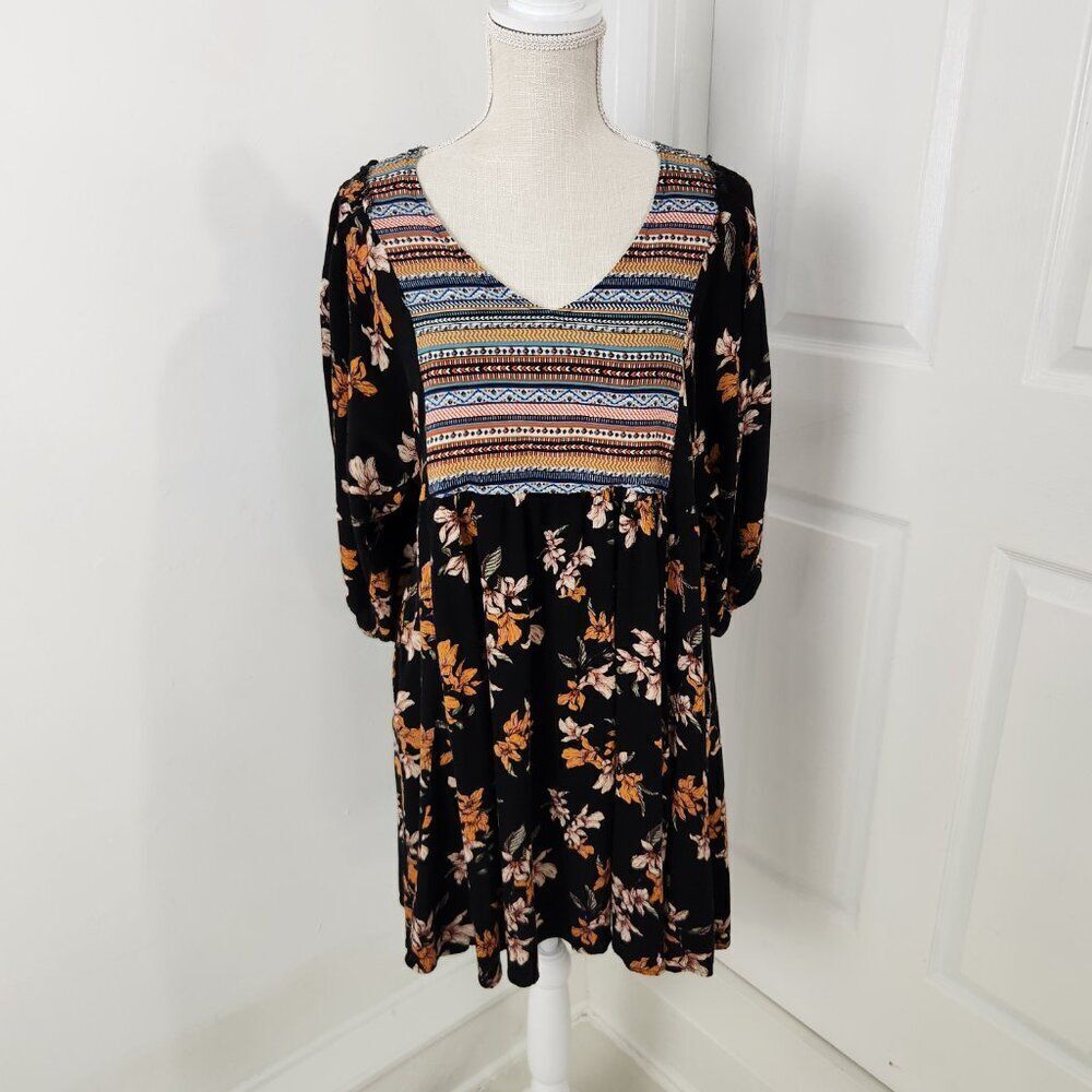 Umgee Dress Womens L Black Floral Gauzy Pockets Tunic Boho Aztec Southwestern - Picture 14 of 14